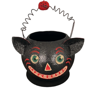 Dept 56 Paper Mache Spooky Black Cat Halloween Bucket Basket Glitter Pail Wire